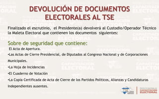 DEVOLUCIÓN DE DOCUMENTOS
ELECTORALES AL TSE
Finalizado el escrutinio, el Presidente(a) devolverá al Custodio/Operador Técnico
la Maleta Electoral que contienen los documentos siguientes:

Sobre de seguridad que contiene:
El Acta de Apertura.
•Las Actas de Cierre Presidencial, de Diputados al Congreso Nacional y de Corporaciones

Municipales.
•La Hoja de Incidencias
•El Cuaderno de Votación

•La Copia Certificada de Acta de Cierre de los Partidos Políticos, Alianzas y Candidaturas
Independientes ausentes.

 