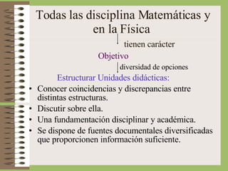 Todas las disciplina Matemáticas y en la Física   tienen carácter Objetivo diversidad de opciones Estructurar Unidades didácticas: Conocer coincidencias y discrepancias entre distintas estructuras. Discutir sobre ella. Una fundamentación disciplinar y académica. Se dispone de fuentes documentales diversificadas que proporcionen información suficiente. 