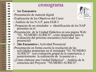 cronograma 1er Encuentro -Presentación de material digital -Explicación de los Objetivos del Curso - Análisis de los N.A.P. para EGB 3 - Propuesta de un simulador  e  identificación de los NAP presentes en el -Presentación  de la Unidad Didáctica en una página Web:  “EL  NUMERO AURICO”, como disparador para la evaluación del próximo encuentro.(Actividad  no-presencial) 2do Encuentro -( Actividad Presencial -Presentación en forma escrita la resolución de las actividades propuestas en el simulador “EL NUMERO AURICO”  con evaluación grupal de la experiencia, y posteriormente  la realización de  la puesta en c -¿Cómo elaborar una Unidad Didáctica? – Análisis de la estructura del Proyecto  “NUMERO AURICO”.  . 