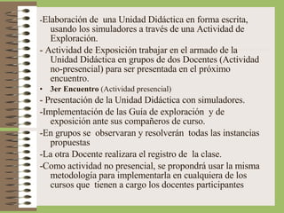 - Elaboración de  una Unidad Didáctica en forma escrita, usando los simuladores a través de una Actividad de Exploración.  - Actividad de Exposición trabajar en el armado de la Unidad Didáctica en grupos de dos Docentes (Actividad no-presencial) para ser presentada en el próximo encuentro. 3er Encuentro  (Actividad presencial) - Presentación de la Unidad Didáctica con simuladores. -Implementación de las Guía de exploración  y de exposición ante sus compañeros de curso. -En grupos se  observaran y resolverán  todas las instancias propuestas -La otra Docente realizara el registro de  la clase. -Como actividad no presencial, se propondrá usar la misma metodología para implementarla en cualquiera de los cursos que  tienen a cargo los docentes participantes  