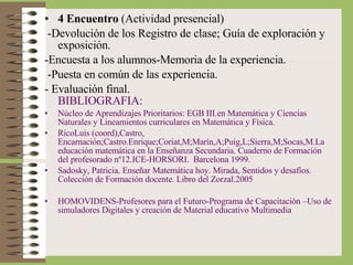 4 Encuentro  (Actividad presencial) -Devolución de los Registro de clase; Guía de exploración y exposición. -Encuesta a los alumnos-Memoria de la experiencia. -Puesta en común de las experiencia. - Evaluación final.  BIBLIOGRAFIA: Núcleo de Aprendizajes Prioritarios: EGB III.en Matemática y Ciencias Naturales y Lineamientos curriculares en Matemática y Física. RicoLuis (coord),Castro, Encarnación;Castro.Enrique;Coriat,M;Marín,A;Puig,L;Sierra,M;Socas,M.La educación matemática en la Enseñanza Secundaria. Cuaderno de Formación del profesorado nº12.ICE-HORSORI.  Barcelona 1999.  Sadosky, Patricia. Enseñar Matemática hoy. Mirada, Sentidos y desafíos. Colección de Formación docente. Libro del Zorzal.2005 HOMOVIDENS-Profesores para el Futuro-Programa de Capacitación –Uso de simuladores Digitales y creación de Material educativo Multimedia 