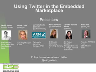 1 Using Twitter in the Embedded Marketplace Presenters Karen Bartleson @karenbartleson Sr. Director Community Marketing, Synopsys Jennifer Howard-Brown @jennhb Sr. Product MarCom Manager, Embedded  Design, National Instruments Tonia Ries @tonia_ries Founder, TWTRCON and CEO, Modern Media Lori Kate Smith @lorikate @ARMcommunity Partnership Marketing Manager, ARM Patrick Hopper @patrick Hopper Vice President, Social Media Guru, OpenSystems Media Jim St. Leger @intel_jim Marketing Manager at Intel Follow this conversation on twitter @esc_events 