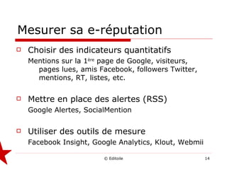 Mesurer sa e-réputation Choisir des indicateurs quantitatifs Mentions sur la 1 ère  page de Google, visiteurs, pages lues, amis Facebook, followers Twitter, mentions, RT, listes, etc. Mettre en place des alertes (RSS) Google Alertes, SocialMention Utiliser des outils de mesure Facebook Insight, Google Analytics, Klout, Webmii 