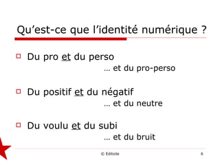Qu’est-ce que l’identité numérique ? Du pro  et  du perso … et du pro-perso Du positif  et  du négatif … et du neutre Du voulu  et  du subi … et du bruit 