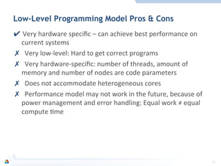 Low-Level Programming Model Pros & Cons
✔ Very	
  hardware	
  speciﬁc	
  –	
  can	
  achieve	
  best	
  performance	
  on	
  
current	
  systems	
  
✗  Very	
  low-­‐level:	
  Hard	
  to	
  get	
  correct	
  programs	
  
✗  Very	
  hardware-­‐speciﬁc:	
  number	
  of	
  threads,	
  amount	
  of	
  
memory	
  and	
  number	
  of	
  nodes	
  are	
  code	
  parameters	
  
✗  Does	
  not	
  accommodate	
  heterogeneous	
  cores	
  	
  
✗  Performance	
  model	
  may	
  not	
  work	
  in	
  the	
  future,	
  because	
  of	
  
power	
  management	
  and	
  error	
  handling:	
  Equal	
  work	
  ≠	
  equal	
  
compute	
  Fme	
  
12	
  
 