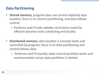 Data Partitioning
•  Shared	
  memory:	
  program	
  does	
  not	
  control	
  explicitly	
  data	
  
locaFon;	
  focus	
  is	
  on	
  control	
  parFFoning,	
  and	
  data	
  follows	
  
control.	
  
–  Performs	
  well	
  if	
  code	
  saFsﬁes	
  restricFons	
  listed	
  for	
  
eﬃcient	
  dynamic	
  tasks	
  scheduling	
  and	
  locality	
  
•  Distributed	
  memory:	
  data	
  locaFon	
  is	
  (mostly)	
  staFc	
  and	
  
controlled	
  by	
  program;	
  focus	
  is	
  on	
  data	
  parFFoning	
  and	
  
control	
  follows	
  data	
  
–  	
  Performs	
  well	
  if	
  (mostly)	
  staFc	
  control	
  parFFon	
  works	
  and	
  
communicaFon	
  across	
  data	
  parFFons	
  is	
  limited	
  
26	
  
 