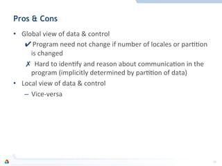 Pros & Cons
•  Global	
  view	
  of	
  data	
  &	
  control	
  
✔ Program	
  need	
  not	
  change	
  if	
  number	
  of	
  locales	
  or	
  parFFon	
  
is	
  changed	
  
✗  Hard	
  to	
  idenFfy	
  and	
  reason	
  about	
  communicaFon	
  in	
  the	
  
program	
  (implicitly	
  determined	
  by	
  parFFon	
  of	
  data)	
  
•  Local	
  view	
  of	
  data	
  &	
  control	
  
–  Vice-­‐versa	
  
30	
  
 