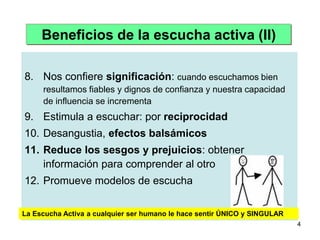 Beneficios de la escucha activa (II)

8. Nos confiere significación: cuando escuchamos bien
     resultamos fiables y dignos de confianza y nuestra capacidad
     de influencia se incrementa
9. Estimula a escuchar: por reciprocidad
10. Desangustia, efectos balsámicos
11. Reduce los sesgos y prejuicios: obtener
    información para comprender al otro
12. Promueve modelos de escucha

La Escucha Activa a cualquier ser humano le hace sentir ÚNICO y SINGULAR
                                                                           4
 