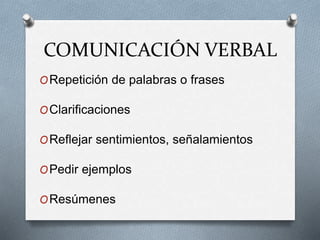 COMUNICACIÓN VERBAL
ORepetición de palabras o frases
OClarificaciones
OReflejar sentimientos, señalamientos
OPedir ejemplos
OResúmenes
 
