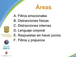Áreas
A. Filtros emocionales
B. Distracciones físicas
C. Distracciones internas
D. Lenguaje corporal
E. Respuestas sin hacer juicios
F. Filtros y prejuicios

 