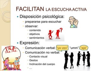FACILITAN LA ESCUCHA ACTIVA
   Disposición psicológica:
      prepararse para escuchar
      observar:
         contenido
         objetivos
         sentimientos

   Expresión:
      Comunicación verbal: “ya veo”, “umm”, “ajá”
      Comunicación no verbal:
           Contacto visual
           Gestos
           Inclinación del cuerpo
           …
 