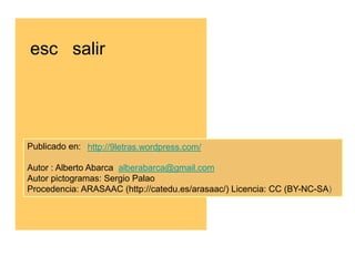 esc salir




Publicado en: http://9letras.wordpress.com/

Autor : Alberto Abarca alberabarca@gmail.com
Autor pictogramas: Sergio Palao
Procedencia: ARASAAC (http://catedu.es/arasaac/) Licencia: CC (BY-NC-SA)
 