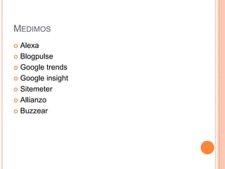 MedimosAlexaBlogpulseGoogle trendsGoogle insightSitemeterAllianzoBuzzear