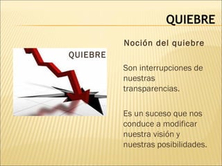 QUIEBRE
Noción del quiebre
Son interrupciones de
nuestras
transparencias.
Es un suceso que nos
conduce a modificar
nuestra visión y
nuestras posibilidades.
QUIEBRE
 