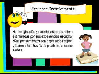 Escuchar Creativamente  La imaginación y emociones de los niños son estimuladas por sus experiencias escuchando. Sus pensamientos son expresados espontánea y libremente a través de palabras, acciones o ambas. 