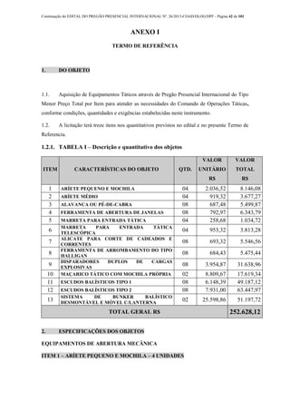 Continuação do EDITAL DO PREGÃO PRESENCIAL INTERNACIONAL Nº. 26/2013-COAD/DLOG/DPF - Página 42 de 101
ANEXO I
TERMO DE REFERÊNCIA
1. DO OBJETO
1.1. Aquisição de Equipamentos Táticos através de Pregão Presencial Internacional do Tipo
Menor Preço Total por Item para atender as necessidades do Comando de Operações Táticas,
conforme condições, quantidades e exigências estabelecidas neste instrumento.
1.2. A licitação terá treze itens nos quantitativos previstos no edital e no presente Termo de
Referencia.
1.2.1. TABELA I – Descrição e quantitativo dos objetos
ITEM CARACTERÍSTICAS DO OBJETO QTD.
VALOR
UNITÁRIO
R$
VALOR
TOTAL
R$
1 ARÍETE PEQUENO E MOCHILA 04 2.036,52 8.146,08
2 ARÍETE MÉDIO 04 919,32 3.677,27
3 ALAVANCA OU PÉ-DE-CABRA 08 687,48 5.499,87
4 FERRAMENTA DE ABERTURA DE JANELAS 08 792,97 6.343,79
5 MARRETA PARA ENTRADA TÁTICA 04 258,68 1.034,72
6
MARRETA PARA ENTRADA TÁTICA
TELESCÓPICA
04 953,32 3.813,28
7
ALICATE PARA CORTE DE CADEADOS E
CORRENTES
08 693,32 5.546,56
8
FERRAMENTA DE ARROMBAMENTO DO TIPO
HALLIGAN
08 684,43 5.475,44
9
DISPARADORES DUPLOS DE CARGAS
EXPLOSIVAS
08 3.954,87 31.638,96
10 MAÇARICO TÁTICO COM MOCHILA PRÓPRIA 02 8.809,67 17.619,34
11 ESCUDOS BALÍSTICOS TIPO 1 08 6.148,39 49.187,12
12 ESCUDOS BALÍSTICOS TIPO 2 08 7.931,00 63.447,97
13
SISTEMA DE BUNKER BALÍSTICO
DESMONTÁVEL E MÓVEL C/LANTERNA
02 25.598,86 51.197,72
TOTAL GERAL R$ 252.628,12
2. ESPECIFICAÇÕES DOS OBJETOS
EQUIPAMENTOS DE ABERTURA MECÂNICA
ITEM 1 – ARÍETE PEQUENO E MOCHILA – 4 UNIDADES
 