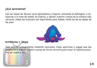 ¿Qué aprendemos?
Con las clases de técnica vocal aprendemos a respirar utilizando el diafragma, a re-
lajarnos a la hora de hablar en público, a colocar nuestro cuerpo de la manera más
correcta ¡todos los músculos son importantes para hablar, hasta los de los dedos de
los pies!
Actividades y juegosActividades y juegos
Todo esto lo conseguiremos mediante canciones, rimas, ejercicios y juegos que nos
enseñarán a utilizar nuestro cuerpo de forma correcta para sacar el máximo prove-
cho de nuestra voz.
10
 