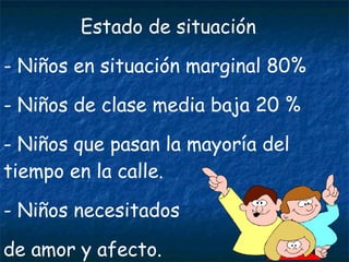 Estado de situación Niños en situación marginal 80% Niños de clase media baja 20 % Niños que pasan la mayoría del tiempo en la calle. Niños necesitados de amor y afecto. 