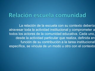La relación de la escuela con su contexto debería
atravesar toda la actividad institucional y comprometer a
todos los actores de la comunidad educativa. Cada uno,
desde la actividad particular que realiza, definida en
función de su contribución a la tarea institucional
específica, se vincula de un modo u otro con el contexto
 