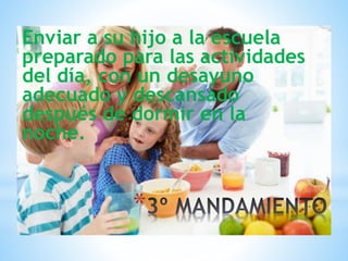 *
Enviar a su hijo a la escuela
preparado para las actividades
del día, con un desayuno
adecuado y descansado
después de dormir en la
noche.
 