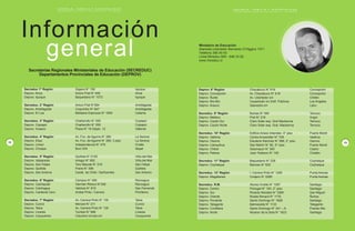 E S C U E L A , F A M I L I A Y D I S C A P A C I D A D
P R O G R A M A D E E D U C A C I O N E S P E C I A L / M I N E D U C
13
P
A
G I N
A
Deprov. 8° Región Chacabuco N° 618 Concepción
Deprov. Concepción Av. Chacabuco N° 618 Concepción
Deprov. Ñuble Av. Libertador s/n Chillán
Deprov. Bío-Bío Caupolicán s/n Edif. Públicos Los Angeles
Deprov. Arauco Saavedra s/n Lebu
Secreduc. 9° Región Bulnes N° 590 Temuco
Deprov. Malleco Prat N° 218 Angol
Deprov. Cautín Sur Claro Solar esq. Gral Mackenna Temuco
Deprov. Cautín Norte Claro Solar esq. Gral. Mackenna Temuco
Secreduc. 10° Región Edificio Anexo Intenden. 4° piso Puerto Montt
Deprov. Valdivia Carlos Anwandter N° 708 Valdivia
Deprov. Osorno Eleuterio Ramírez N° 599, 2° piso Osorno
Deprov. Llanquihue San Martín N° 80, 3er
piso Puerto Montt
Deprov. Chiloé Sotomayor N° 393 Castro
Deprov. Palena Juan Todesco N° 106 Chaitén
Secreduc. 11° Región Baquedano N° 238 Coyhaique
Deprov. Coyhaique Barroso N° 632 Coyhaique
Secreduc. 12° Región I. Carrera Pinto N° 1259 Punta Arenas
Deprov. Magallanes Ovejero N° 0285 Punta Arenas
Secreduc. R.M. Alonso Ovalle N° 1087 Santiago
Deprov. Centro Portugal N° 193, 2° piso Santiago
Deprov. Sur Ricardo Morales N° 3369 San Miguel
Deprov. Oriente Rosita Renard N° 1179 Ñuñoa
Deprov. Poniente Santo Domingo N° 1828 Santiago
Deprov. Talagante Balmaceda N° 1133 Talagante
Deprov. Cordillera Santo Domingo N° 241 – A Puente Alto
Deprov. Norte Nicanor de la Sota N° 1623 Santiago
E S C U E L A , F A M I L I A Y D I S C A P A C I D A D
P R O G R A M A D E E D U C A C I O N E S P E C I A L / M I N E D U C
¿Por qué es importante la familia en el
desarrollo y aprendizaje de sus hijos?
• Porque la familia afronta las situaciones y problemas que tienen sus
integrantes en todos los momentos de la vida.
• Hace que los hijos e hijas se sientan queridos y valorados, expresándoles
respeto, cariño y afecto, realizando actividades en conjunto, reconociendo,
aceptando sus cualidades o defectos y no criticándolos en público.
• Escucha, conversa, se comunica con ellos, no sólo hablando, sino a través de
los gestos, de los ojos, de los silencios, de los movimientos, del tono de la voz.
• Los apoya en su desarrollo afectivo, en la formación de valores,en el desarrollo
del pensamiento y de habilidades para relacionarse con otras personas.
• Mantiene comunicación constante con la escuela, para poder avanzar en el
trabajo y objetivos del proceso educativo, siendo el hogar la principal fuente de
información y conocimientos, que ayuda a los educadores a tener una visión
más completa de su hijos e hijas.
• Se informa de las diversas opciones educativas y laborales que se ofertan a
niños, niñas y jóvenes con discapacidad para contribuir a una mejor orientación
de sus hijos e hijas en la toma de decisiones.
8
P
A
G I N
A
Ministerio de Educación
Alameda Libertador Bernardo O’Higgins 1371
Teléfono 390 40 00
Linea Mineduc 600 - 646 33 82
www.mineduc.cl
12
P
A
G I N
A
Secreduc 1° Región Zegers N° 159 Iquique
Deprov. Arica Arturo Prat N° 405 Arica
Deprov. Iquique Baquedano N° 1073 Iquique
Secreduc. 2° Región Arturo Prat N°384 Antofagasta
Deprov. Antofagasta Coquimbo N° 847 Antofagasta
Deprov. El Loa Bañados Espinoza N° 1854 Calama
Secreduc. 3° Región Chañarcillo N° 550 Copiapó
Deprov. Copiapó Chañarcillo N° 550 Copiapó
Deprov. Huasco Plaza N° 16 Depto. 12 Vallenar
Secreduc. 4° Región Av. Fco. de Aguirre N° 260 La Serena
Deprov. Elqui Av. Fco. de Aguirre N° 260, 3 piso La Serena
Deprov. Limarí Independencia N° 479 Ovalle
Deprov. Choapa Buin S/N Illapel
Secreduc. 5° Región Quillota N° 0152 Viña del Mar
Deprov. Valparaíso Arlegui N° 852 Viña del Mar
Deprov. San Felipe Toro Mazote N° 218 San Felipe
Deprov. Quillota Freire N° 399 Quillota
Deprov. San Antonio Carab. de Chile / Sanfuentes San Antonio
Secreduc. 6° Región Campos N° 456 Rancagua
Deprov. Cachapoal Germán Riesco N°348 Rancagua
Deprov. Colchagua Valdivia N° 810 San Fernando
Deprov. Cardenal Caro Anibal Pinto / Carrera Pichilemu
Secreduc. 7° Región Av. Carrera Pinto N° 130 Talca
Deprov. Curicó Merced N° 211 Curicó
Deprov. Talca Av. Carrera Pinto N° 130 Talca
Deprov. Linares Yumbel N° 698 Linares
Deprov. Cauquenes Claudina Urrutia s/n Cauquenes
Secretarias Regionales Ministeriales de Educación (SECREDUC)
Departamentos Provinciales de Educación (DEPROV)
Información
general
E S C U E L A , F A M I L I A Y D I S C A P A C I D A D
P R O G R A M A D E E D U C A C I O N E S P E C I A L / M I N E D U C
E S C U E L A , F A M I L I A Y D I S C A P A C I D A D
P R O G R A M A D E E D U C A C I O N E S P E C I A L / M I N E D U C
9
P
A
G I N
A
2
1
3
Oportunidades de participación
de los padres
Vínculo permanente con el hogar
• Libretas de comunicaciones diaria,
semanal, hogar escuela
• Diario mural
• Boletín o revista escolar
• Buzón escolar
• Libretas de notas, informes trimestrales,
semestrales
• Contactos telefónicos
• Encuentros a la entrada o salida de clases
• Planes educativos para el hogar y
reuniones periódicas con profesores
para su seguimiento.
Otras instituciones
• Uniones comunales de centros de
padres y apoderados
• Didecos (Direcciones de desarrollo
comunales)
• Organizaciones de, y, para la
Discapacidad
• Consejos Comunales de la
Discapacidad
• Federaciones de Padres y Apoderados
• Redes de apoyo y alianzas con otras
escuelas y empresas, industrias o
comercio de la comuna.
A nivel de establecimiento educacional
• Participación en centros de padres y sus
directivas
• Participación en proyecto educativo
• Participación en equipo de gestión
• Participación en la elaboración del reglamento
interno
• Participación en proyectos de mejoramiento
educativo
• Participación en talleres para padres
• Participación en equipos y clubes deportivos
• Participación en convivencias y paseos
• Participación en conservación y mejoramiento
de la escuela
• Elaboración de recursos didácticos
• Visitas y trabajos con el profesor en la sala
de clases.
 