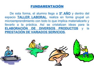 De esta forma, el alumno llega a  5º AÑO  y dentro del espacio  TALLER LABORAL , realiza en forma grupal un microemprendimiento con todo lo que implica materializarlo y llevarlo a la práctica.   Así se cristalizan ideas para la  ELABORACIÓN DE DIVERSOS PRODUCTOS  y la  PRESTACIÓN DE VARIADOS SERVICIOS .   FUNDAMENTACIÓN 