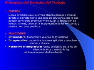 Principios del Derecho del Trabajo  NOCION Líneas directrices que informan algunas normas e inspiran directa e indirectamente una serie de soluciones, por lo que pueden servir para promover y encauzar la aprobación de nuevas normas, orientar la interpretación de las existentes y resolver los casos previstos FUNCIONES Informadora:  fundamento valórico de las normas  Interpretativa:  determina la norma aplicable y establecer su    sentido y alcance Normativa o integradora:  fuente supletoria de la ley en  silencio de ésta o cuando la ley  adolece una oscuridad insalvable 