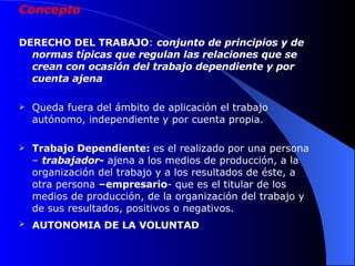 Concepto  DERECHO DEL TRABAJO :  conjunto de principios y de normas típicas que regulan las relaciones que se crean con ocasión del trabajo dependiente y por cuenta ajena   Queda fuera del ámbito de aplicación el trabajo autónomo, independiente y por cuenta propia. Trabajo Dependiente:  es el realizado   por una persona –  trabajador -  ajena a los medios de producción, a la organización del trabajo y a los resultados de éste, a otra persona  –empresario - que es el titular de los medios de producción, de la organización del trabajo y de sus resultados, positivos o negativos. AUTONOMIA DE LA VOLUNTAD   