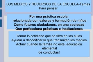 LOS MEDIOS Y RECURSOS DE LA ESCUELA-Temas
Para pensar
Por una práctica escolar
relacionada con valores y formación de niños
Como futuros ciudadanos, en una sociedad
Que perfecciona prácticas e instituciones
Tomar lo cotidiano que se filtra en las aulas
Ayudar a decodificar lo que transmiten los medios
Actuar cuando la familia no está, educación
elemental
de conductas!
 