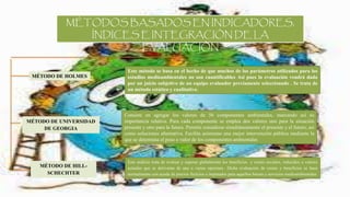 MÉTODOS BASADOS EN INDICADORES,
ÍNDICES E INTEGRACIÓN DE LA
EVALUACIÓN
MÉTODO DE HOLMES
MÉTODO DE UNIVERSIDAD
DE GEORGIA
MÉTODO DE HILL-
SCHECHTER
Este método se basa en el hecho de que muchos de los parámetros utilizados para los
estudios medioambientales no son cuantificables Así pues la evaluación vendrá dada
por un juicio subjetivo de un equipo evaluador previamente seleccionado . Se trata de
un método estático y cualitativo.
Consiste en agregar los valores de 56 componentes ambientales, marcando así su
importancia relativa. Para cada componente se emplea dos valores uno para la situación
presente y otro para la futura. Permite considerar simultáneamente el presente y el futuro, así
como soluciones alternativa. Facilita asimismo una mejor intervención pública mediante la
que se determina el peso o valor de los componentes ambientales
Este análisis trata de evaluar y sopesar globalmente los beneficios y costes sociales, reducidos a valores
actuales que se derivaran de una o varias opciones.. Dicha evaluación de costes y beneficios se hace
normalmente con ayuda de precios ficticios o imputados para aquellos bienes y servicios medioambientales
 
