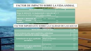 FACTOR DE IMPACTO SOBRE LA VIDA ANIMAL
Efecto sobre la fauna If
Riesgo de eliminación, de desplazamiento o reducción de
poblaciones de interés comercial, turístico o cultural.
6-10
Alteración o eliminación de
hábitats terrestres o
acuáticos.
moderada 2-5
Intensas con alternativas
próximas 4-6
Sin alternativas. 6-9
FACTOR IMPORTANTE SOBRE LA CALIDAD DE LAS AGUAS
Efectos sobre la calidad del agua Iw
Escasa incidencia sobre aguas superficiales y subterráneas 0-2
Intercepción y reducción de caudales superficiales 2-5
Contaminación de aguas superficiales
que afecta a
Uso humano 3-4
Riego, uso industrial 4-5
Todos los usos 5-7
Contaminación de aguas subterráneas
que afecta a
Uso humano 2-3
Riego, uso industrial 3-5
Todos los usos 4-6
 