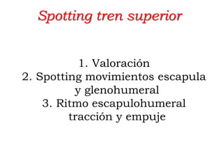 1. Valoración
2. Spotting movimientos escapula
y glenohumeral
3. Ritmo escapulohumeral
tracción y empuje
Spotting tren superior
 