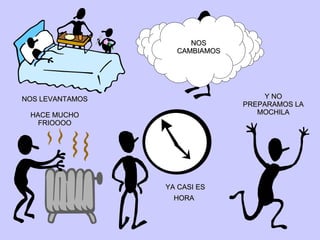 NOS CAMBIAMOS NOS LEVANTAMOS HACE MUCHO FRIOOOO YA CASI ES HORA   Y NO PREPARAMOS LA MOCHILA 