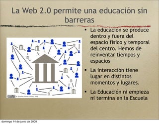 La Web 2.0 permite una educación sin
barreras
 La educación se produce
dentro y fuera del
espacio físico y temporal
del centro. Hemos de
reinventar tiempos y
espacios
 La interacción tiene
lugar en distintos
momentos y lugares.
 La Educación ni empieza
ni termina en la Escuela
domingo 14 de junio de 2009
 