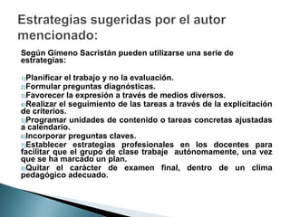Según Gimeno Sacristán pueden utilizarse una serie de
estrategias:

1)Planificarel trabajo y no la evaluación.
2)Formular preguntas diagnósticas.
3)Favorecer la expresión a través de medios diversos.
4)Realizar el seguimiento de las tareas a través de la explicitación
de criterios.
5)Programar unidades de contenido o tareas concretas ajustadas
a calendario.
6)Incorporar preguntas claves.
7)Establecer estrategias profesionales en los docentes para
facilitar que el grupo de clase trabaje autónomamente, una vez
que se ha marcado un plan.
8)Quitar el carácter de examen final, dentro de un clima
pedagógico adecuado.
 