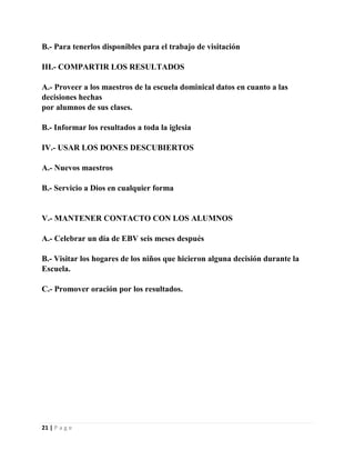B.- Para tenerlos disponibles para el trabajo de visitación
III.- COMPARTIR LOS RESULTADOS
A.- Proveer a los maestros de la escuela dominical datos en cuanto a las
decisiones hechas
por alumnos de sus clases.
B.- Informar los resultados a toda la iglesia
IV.- USAR LOS DONES DESCUBIERTOS
A.- Nuevos maestros
B.- Servicio a Dios en cualquier forma

V.- MANTENER CONTACTO CON LOS ALUMNOS
A.- Celebrar un día de EBV seis meses después
B.- Visitar los hogares de los niños que hicieron alguna decisión durante la
Escuela.
C.- Promover oración por los resultados.

21 | P a g e

 