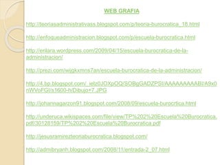 WEB GRAFIA 
http://teoriasadministrativass.blogspot.com/p/teoria-burocratica_18.html 
http://enfoqueadministracion.blogspot.com/p/escuela-burocratica.html 
http://erilara.wordpress.com/2009/04/15/escuela-burocratica-de-la-administracion/ 
http://prezi.com/wijgkxmns7an/escuela-burocratica-de-la-administracion/ 
http://4.bp.blogspot.com/_ielz0JOXpOQ/SOBgGADZPSI/AAAAAAAAABI/A9x0 
nWVoFGI/s1600-h/Dibujo+7.JPG 
http://johannagarzon91.blogspot.com/2008/09/escuela-burocrtica.html 
http://underuca.wikispaces.com/file/view/TP%202%20Escuela%20Burocratica. 
pdf/30128159/TP%202%20Escuela%20Burocratica.pdf 
http://jesusramirezteoriaburocratica.blogspot.com/ 
http://admibryanh.blogspot.com/2008/11/entrada-2_07.html 
