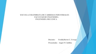 ESCUELA COLOMBIANA DE CARRERAS INDUSTRIALES
FACULTAD DE INGENIERÍA
INGENIERÍA MECÁNICA
Docente: Freddylberto C. Urrego
Presentado: Angie P. Cubillos
 