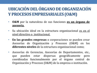 UBICACIÓNDEL ÓRGANODE ORGANIZACIÓN
Y PROCESOSEMPRESARIALES(O&M)
• O&M por la naturaleza de sus funciones es un órgano de
asesoría,
• Su ubicación ideal en la estructura organizacional es en el
nivel directivo o institucional.
• En las grandes empresas o corporaciones se pueden crear
Asesorías de Organización y Procesos (O&M) en los
diferentes niveles de la estructura organizacional como;
• Asesorías de Gerencias, Asesorías de Departamentos, etc.,
que pueden estar dispersas geográficamente pero
coordinadas funcionalmente por el órgano central de
Organización y Procesos (O&M) de la empresa o institución.
 