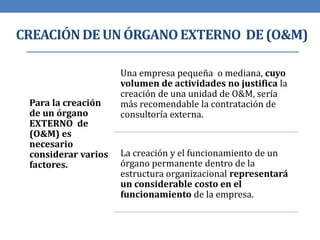 CREACIÓNDE UNÓRGANOEXTERNO DE(O&M)
Para la creación
de un órgano
EXTERNO de
(O&M) es
necesario
considerar varios
factores.
Una empresa pequeña o mediana, cuyo
volumen de actividades no justifica la
creación de una unidad de O&M, sería
más recomendable la contratación de
consultoría externa.
La creación y el funcionamiento de un
órgano permanente dentro de la
estructura organizacional representará
un considerable costo en el
funcionamiento de la empresa.
 
