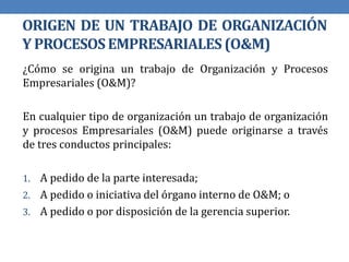 ORIGEN DE UN TRABAJO DE ORGANIZACIÓN
Y PROCESOSEMPRESARIALES(O&M)
¿Cómo se origina un trabajo de Organización y Procesos
Empresariales (O&M)?
En cualquier tipo de organización un trabajo de organización
y procesos Empresariales (O&M) puede originarse a través
de tres conductos principales:
1. A pedido de la parte interesada;
2. A pedido o iniciativa del órgano interno de O&M; o
3. A pedido o por disposición de la gerencia superior.
 