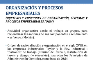 ORGANIZACIÓN Y PROCESOS
EMPRESARIALES
OBJETIVOS Y FUNCIONES DE ORGANIZACIÓN, SISTEMAS Y
PROCESOS EMPRESARIALES (O&M)
• Actividad organizativa desde el trabajo en grupos, para
racionalizar las acciones de sus componentes + rendimiento
– esfuerzo. (Moisés).
• Origen de racionalización y organización en el siglo XVIII, en
las empresas industriales. Taylor y la Rev. Industrial :
“patrones” de trabajo (división del trabajo, distribución de
tareas y tiempo de ejecución), aparecen los Principios de
Administración Científica, como base de O&M.
 