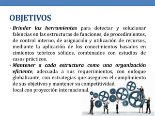 OBJETIVOS
• Brindar las herramientas para detectar y solucionar
falencias en las estructuras de funciones, de procedimientos,
de control interno, de asignación y utilización de recursos,
mediante la aplicación de los conocimientos basados en
cimientos teóricos sólidos, combinados con estudios de
casos prácticos.
• Mantener a cada estructura como una organización
eficiente, adecuada a sus requerimientos, con enfoque
globalizante, con estrategias que aseguren el cumplimiento
de sus objetivos y mantener su competitividad
local con proyección internacional.
 