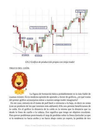 G9.2 Gráfico de producción propia con ninja trader
TRUCO DEL LEÓN
La figura de formación básica probablemente es la más fiable de
cuantas existen: En tu modesta opinión de aprendiz a lector de gráficos, ¿en qué tramo
del primer gráfico aconsejarías entrar a nuestro amigo trader imaginario?
En mi caso, entraría en el tramo de pull back o retroceso a la baja, es decir en venta
(con un producto de los que veremos más adelante). Ello nos permite beneficiarnos de
la caída. En el gráfico la distancia de la caída es la misma que la distancia que va
desde la línea de cuello a la cabeza. Eso significa que tengo un objetivo excelente.
Para prever problemas posicionaría el stop de perdidas sobre la línea clavicular ya que
si la tendencia va hacia arriba y no hacia abajo como yo espero, la perdida de tics
https://t.me/TradersLibrary / https://t.me/Bibliotraders
 