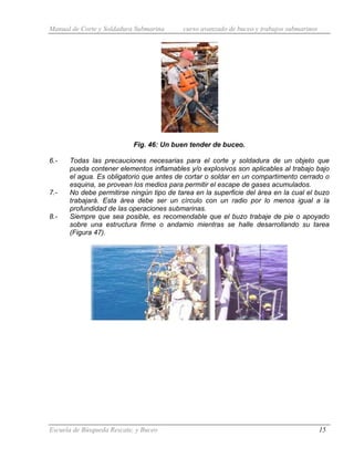 Manual de Corte y Soldadura Submarina curso avanzado de buceo y trabajos submarinos
Escuela de Búsqueda Rescate, y Buceo 15
Fig. 46: Un buen tender de buceo.
6.- Todas las precauciones necesarias para el corte y soldadura de un objeto que
pueda contener elementos inflamables y/o explosivos son aplicables al trabajo bajo
el agua. Es obligatorio que antes de cortar o soldar en un compartimento cerrado o
esquina, se provean los medios para permitir el escape de gases acumulados.
7.- No debe permitirse ningún tipo de tarea en la superficie del área en la cual el buzo
trabajará. Esta área debe ser un círculo con un radio por lo menos igual a la
profundidad de las operaciones submarinas.
8.- Siempre que sea posible, es recomendable que el buzo trabaje de pie o apoyado
sobre una estructura firme o andamio mientras se halle desarrollando su tarea
(Figura 47).
 