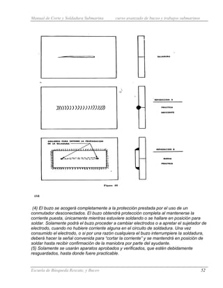 Manual de Corte y Soldadura Submarina curso avanzado de buceo y trabajos submarinos
Escuela de Búsqueda Rescate, y Buceo 52
(4) El buzo se acogerá completamente a la protección prestada por el uso de un
conmutador desconectados. El buzo obtendrá protección completa al mantenerse la
corriente puesta, únicamente mientras estuviere soldando o se hallare en posición para
soldar. Solamente podrá el buzo proceder a cambiar electrodos o a apretar el sujetador de
electrodo, cuando no hubiere corriente alguna en el circuito de soldadura. Una vez
consumido el electrodo, o si por una razón cualquiera el buzo interrumpiere la soldadura,
deberá hacer la señal convenida para “cortar la corriente” y se mantendrá en posición de
soldar hasta recibir confirmación de la maniobra por parte del ayudante.
(5) Solamente se usarán aparatos aprobados y verificados, que estén debidamente
resguardados, hasta donde fuere practicable.
 