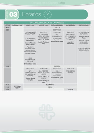 Escuela de la Caridad 2018
CURSO
03 Horarios
3º CURSO: ESCUELA DE LA CARIDAD
HORAS DOMINGO 1-julio LUNES 2-julio MARTES 3-julio MIÉRCOLES 4-julio JUEVES 5-julio VIERNES 6-julio
8:30 ORACIÓN
9:00 DESAYUNO
11:00 ORACIÓN E
INAUGURACIÓN
11.30 PONENCIA
INAUGURAL
Mariano Pérez de
Ayala Conradi
Populorum
Progressio como
faro de nuestro
servicio al desarrollo
humano integral
13.30
PRESENTACIÓN
ESCUELA
Emilio López Salas
9:45-13:30
EL HACER DE
JESÚS, NUESTRO
HACER: ESTAR
JUNTO AL POBRE
Agustín Rodríguez
Teso
9:45-13:30
DEL
PENSAMIENTO
A LA ACCIÓN
Víctor Renes Ayala
9:45-13:30
LA CARIDAD
POLÍTICA DESDE
LA MIRADA DE
CÁRITAS
Ana Abril
Fernández
10:15 PONENCIA
CLAUSURA
Joaquín García
Roca
Avances y retos
en la acción
sociocaritativa
12:30 EUCARISTÍA
DE CLAUSURA
14:00 COMIDA
16:00-19:30
LA
ESPIRITUALIDAD
DEL AGENTE DE
CARITAS
Vicente Altaba
Gargallo
16:00-19:30
EL HACER DE
JESÚS, NUESTRO
HACER:
ESTAR JUNTO AL
POBRE
Agustín Rodríguez
Teso
16:00-20:00
DEL
PENSAMIENTO
A LA ACCIÓN
Víctor Renes Ayala
16:00-19:30
PROYECTOS
FINALES
20:15
ACOGIDA
Y CENA
EUCARISTÍA
21:00 CENA
22:00 VELADA
 