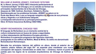 🙢
WILLIAM LE BARON JENNEY, CHICAGO 1879/1889
W. Le Baron Jenney (17832-1907) interpreta perfectamente el
“Commercial Style” de Chicago y en su estudio se forman los
principales representantes de la Escuela de Chicago,
despues de 1890: Sullivan, Burnham, Hollabird y Roche.
Desinteresado por los problemas formales, JENNEY se educo en la
École des Beaux Arts y usa un lenguaje neogótico en algunas de sus primeras
obras y llegando a un eclécticismo después.
La búsqueda estructural es su principal preocupación.
Obra: El Home Inssurance Building (1883/1886).
HENRY RICHARDSON, CHICAGO 1885
El lenguaje de Richardson es un momento central de la
cultura norteamericana en busca de raíces y seguridades.
La libre interpretación del Románico Europeo permite a
Richardson la superación progresiva del rigorismo clasicista,
propugnado en los edificio de McKim, Mead & White. Su estilo era denominado
Richardsonian Romanesque.
Marcaba los principios básicos del edificio en altura, donde el exterior de un
“palacio urbano italiano del siglo XV” se expande para manifestar una nueva
concepción del espacio. Construidos en estilo neo – románico, fueron el punto de
partida para los logros de la sociedad arquitectónica de Chicago de Sullivan y
 