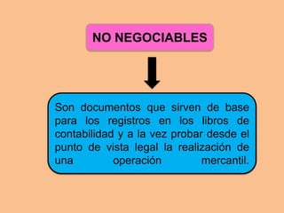 NO NEGOCIABLES




Son documentos que sirven de base
para los registros en los libros de
contabilidad y a la vez probar desde el
punto de vista legal la realización de
una         operación         mercantil.
 