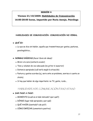 SESIÓN 4
  Viernes 21/10/2005: Habilidades de Comunicación
16:00-20:00 horas, impartido por Nuria Asenjo, Psicóloga




HABILIDADES DE COMUNICACIÓN: COMUNICACIÓN NO VERBAL



QUÉ ES:
  Lo que se dice sin hablar, aquello que transmitimos por gestos, posturas,

  paralingüístico...



NORMAS BÁSICAS (hacer lluvia de ideas):
  Mirar a la cara (contacto ocular)

  Tono y volumen de voz adecuado (no gritar ni susurrar)

  Distancia apropiada (cuál sería según la situación)

  Postura y gestos acordes (ej. serio ante un problema, sonrisa si cuenta un

  chiste)

  Si hay que hablar de algo importante: no TV, gente, ruido...



   HABILIDADES DE COMUNICACIÓN: PASO A PASO

DAR PASO A PASO:
  MOMENTO (¿cuál es el más indicado? ¿por qué?)

  DÓNDE (lugar más apropiado y por qué)

  QUÉ HACER (¿sentado? ¿de pie?)

  CÓMO EMPEZAR (comentario positivo)


                                                                          37
 